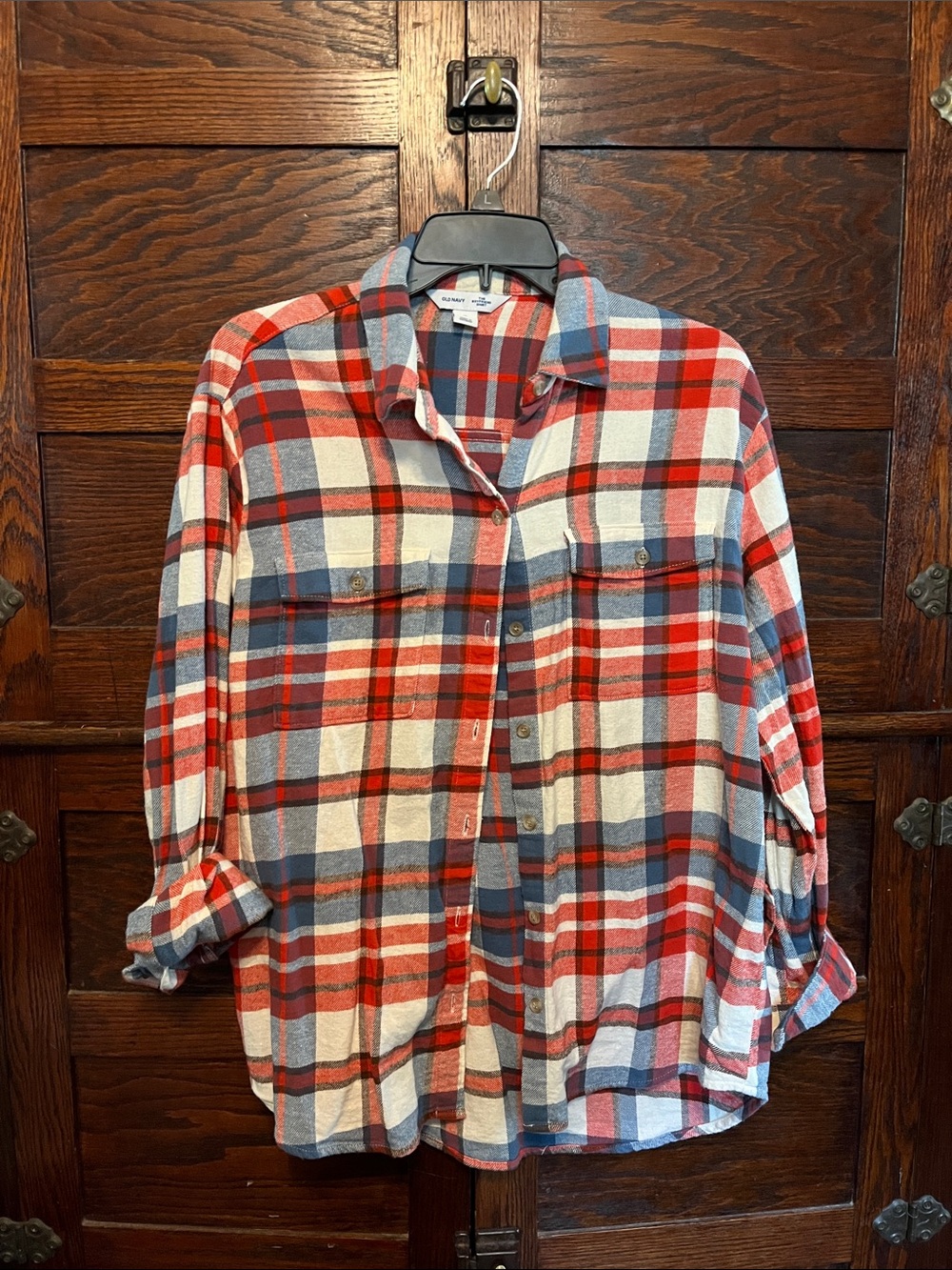 Old Navy Plaid Boyfriend Button-Up Shirt - Red, Navy & White